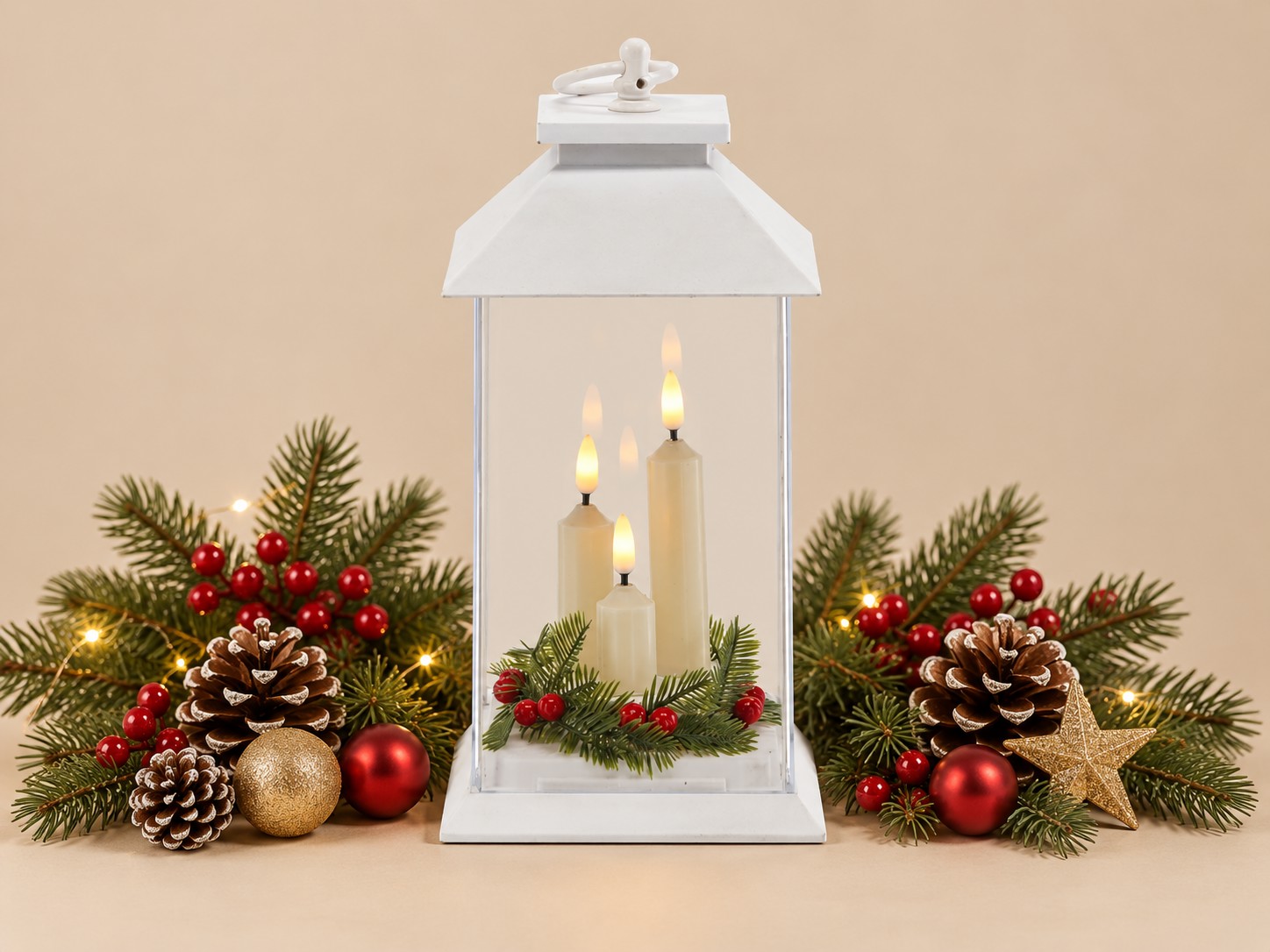 Biały lampion LED 14 x 14 x 27 cm z trzema świeczkami