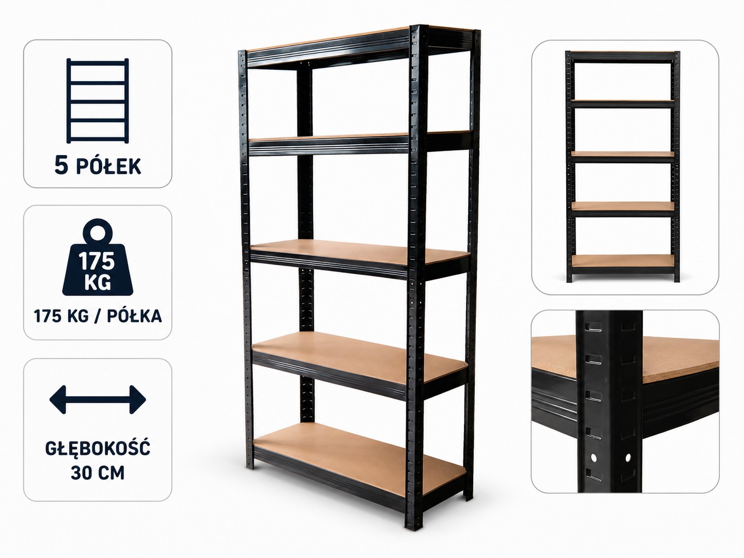 REGAŁ 5-POZIOMOWY 180 x 90 x 30 CM CZARNY UDŹWIG PÓŁKI: 175 KG *7361 pol_pl_REGAL-5-POZIOMOWY-180-x-90-x-30-CM-CZARNY-UDZWIG-POLKI-175-KG-7361-1253_1
