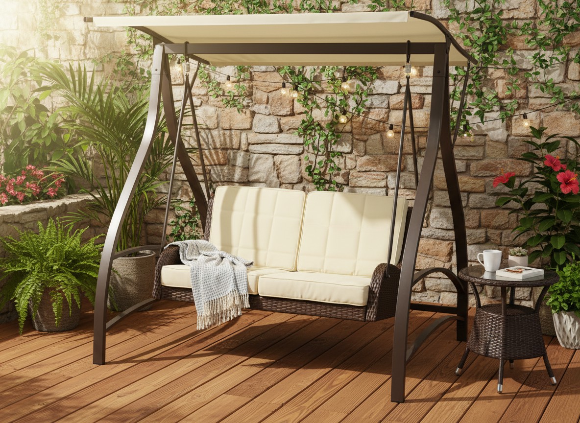 Садовая качель из техноротанга 166 x 130 x 170 см, коричневая, премиум-класс