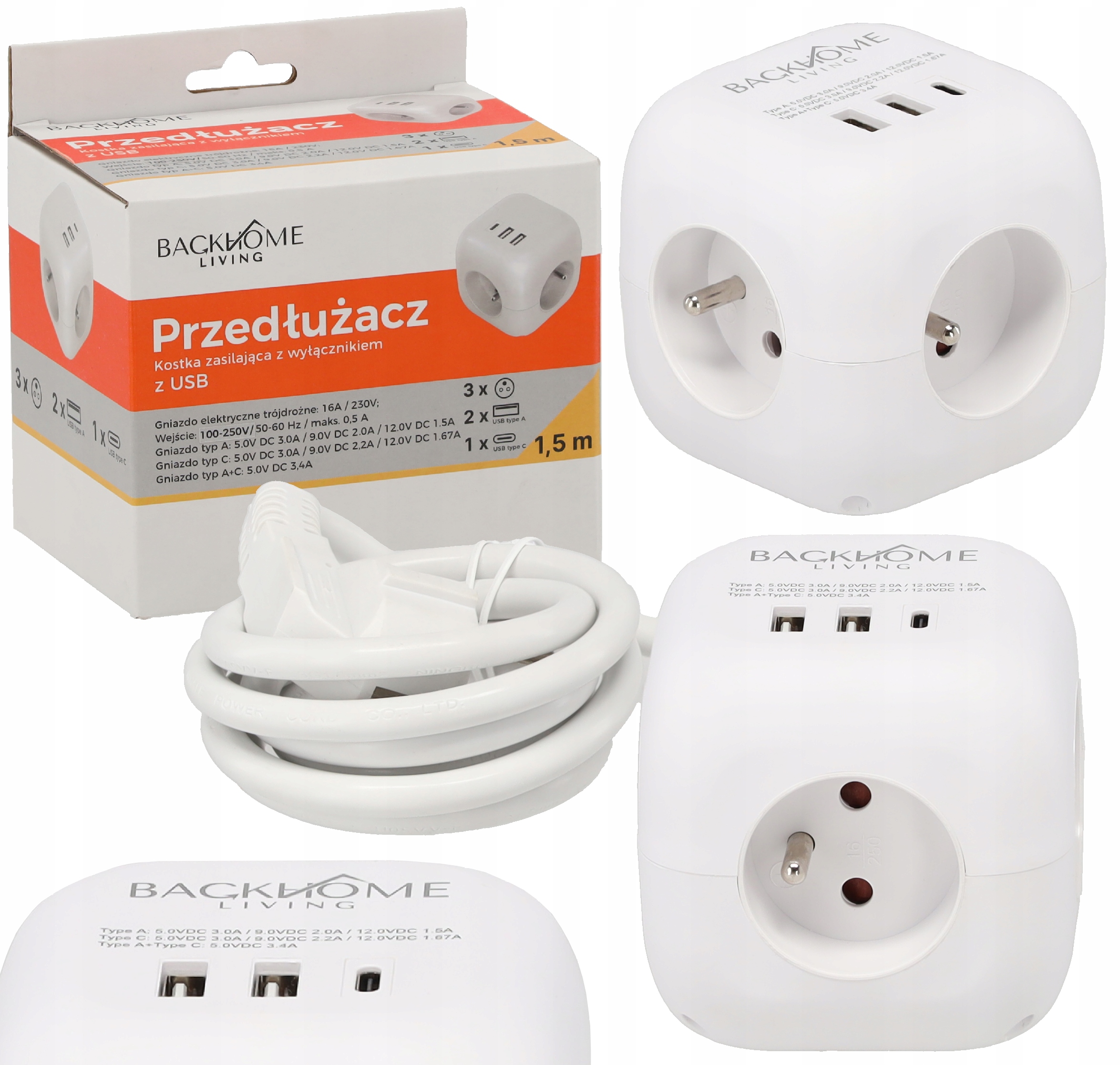 Удлинитель, Блок Питания, 3 Розетки 230 В И 3 Розетки Usb, 1,5 М, Белый (2)
