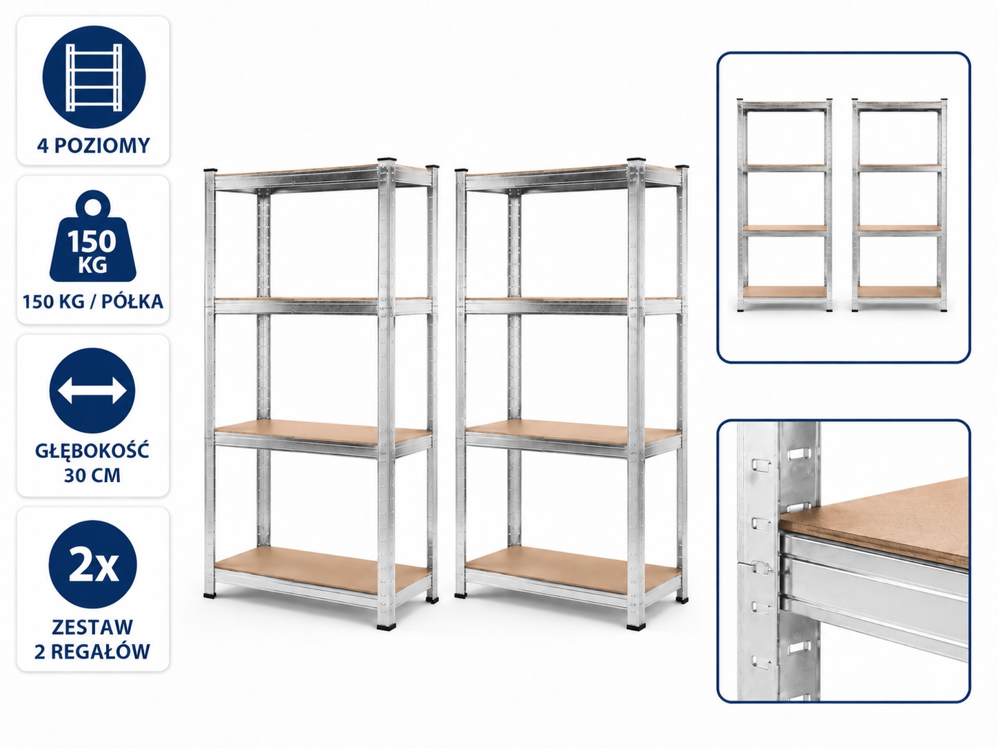 ZESTAW DWÓCH REGAŁÓW 4-POZIOMOWYCH 150 x 70 x 30 CM UDŹWIG PÓŁKI: 150 KG pol_pl_ZESTAW-DWOCH-REGALOW-4-POZIOMOWYCH-150-x-70-x-30-CM-UDZWIG-POLKI-150-KG-2165-1812_2