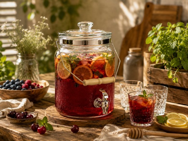 5-литровая банка с декоративным узором, стеклянной крышкой и краном