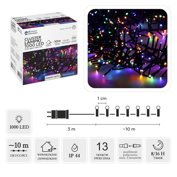 Светодиодные гирлянды Cluster 1000L, многоцветные, длина 3 + 10 м, для использования внутри и снаружи помещений (4)