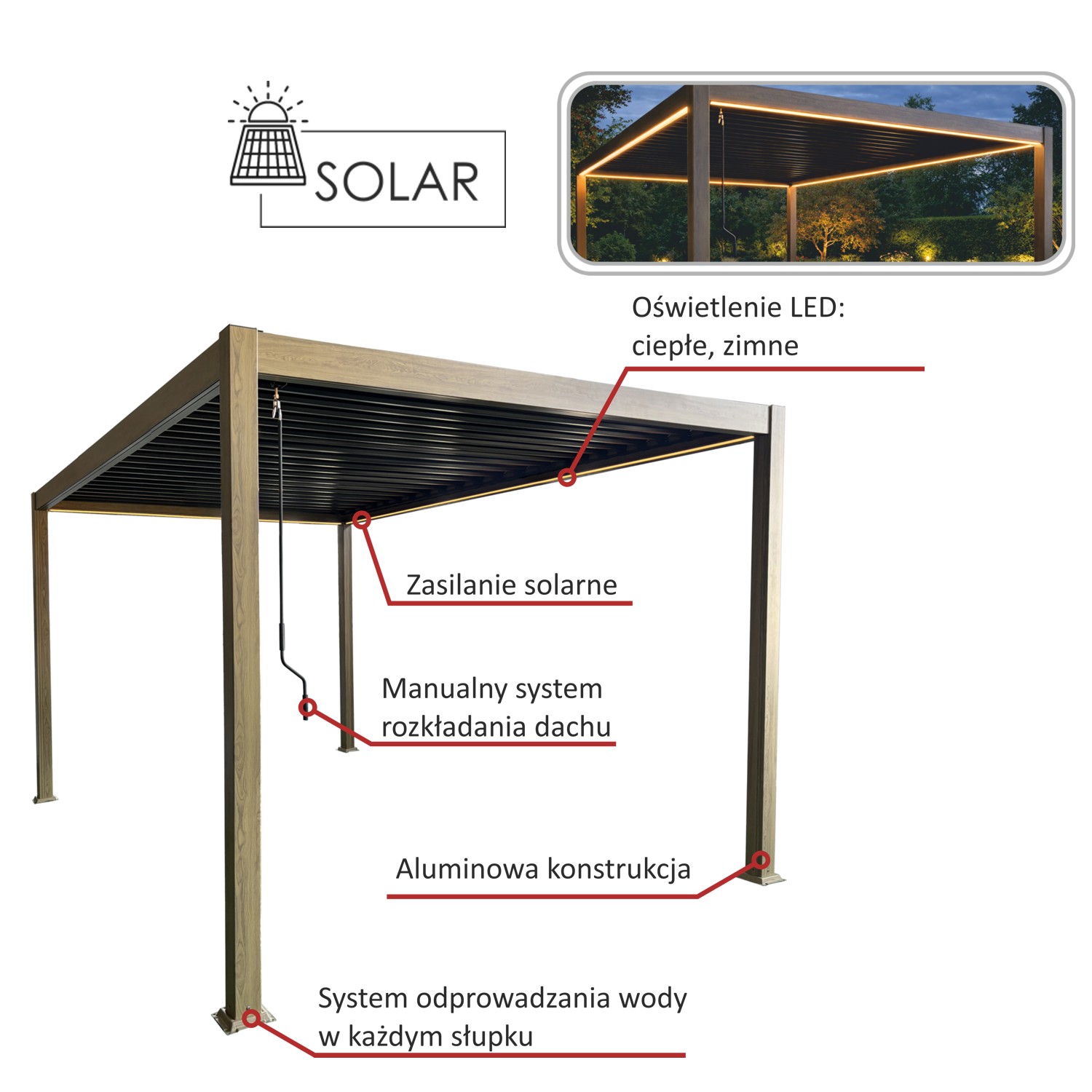 PERGOLA ALUMINIOWA BIOKLIMATYCZNA LED 3 x 4 x 2,5 M DREWNOPODOBNA RIT1439