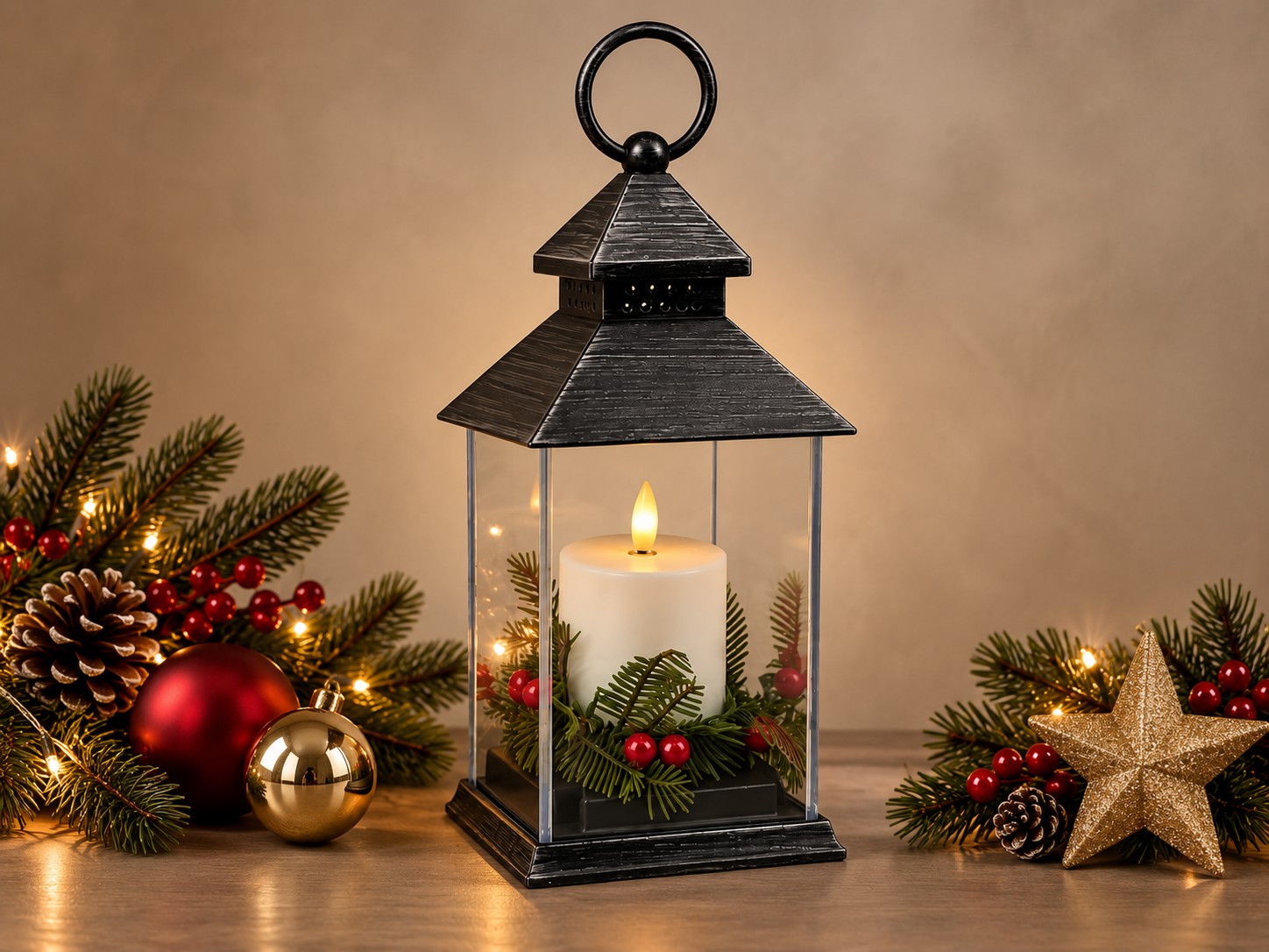 Lampion LED 10,5 x 10,5 x 23,5 cm ze świeczką i stroikiem