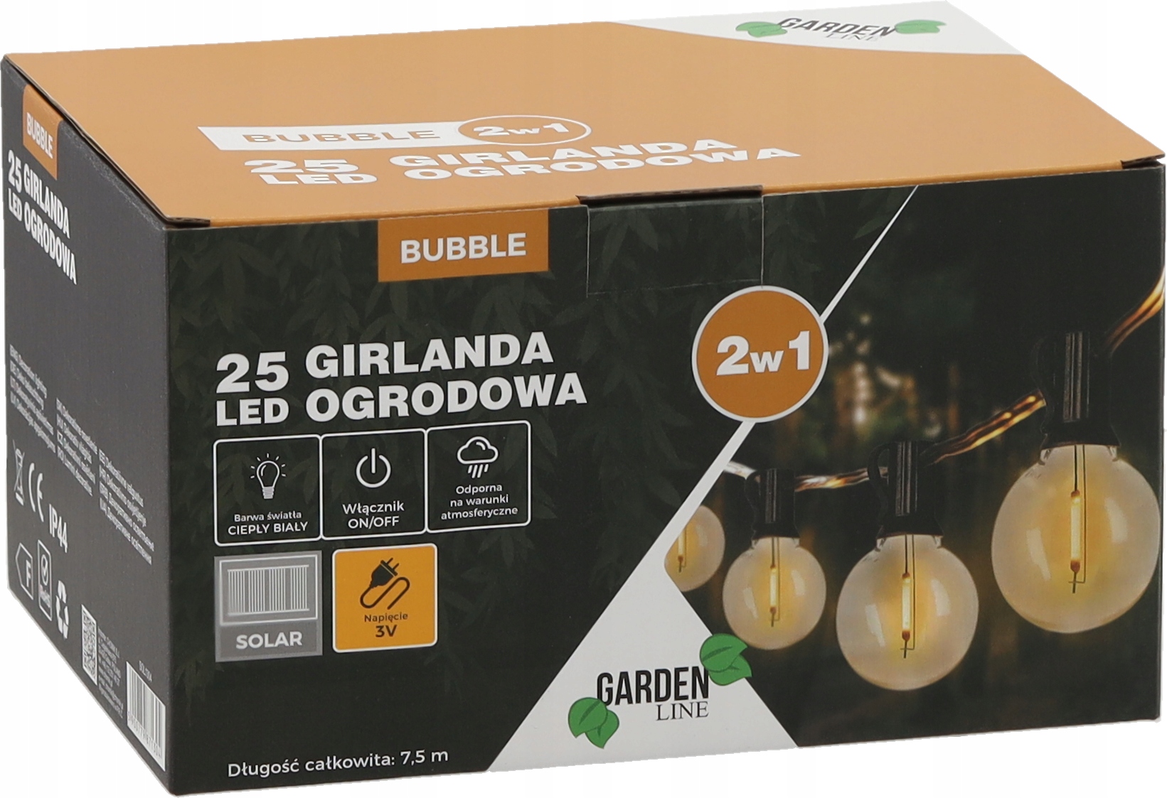 Садовая гирлянда 2 в 1 (солнечная / 3 В) длиной 7,5 м Bubble 25 светодиодов теплого белого цвета с держателями (4)