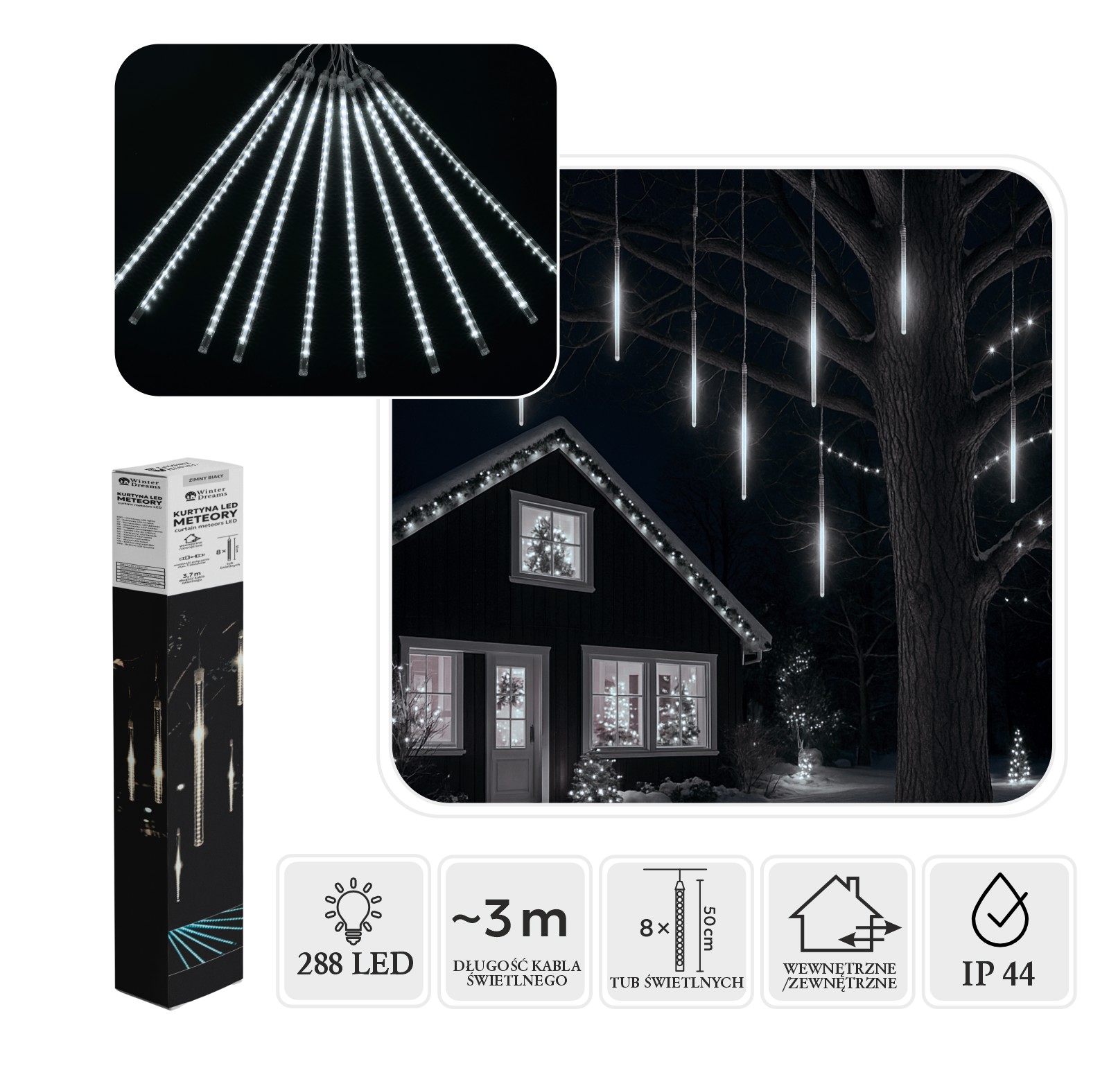 Штора «Meteory Led», 8 шт., 50 см, холодный белый, длина 3 + 3,7 м, для использования внутри и снаружи (4)