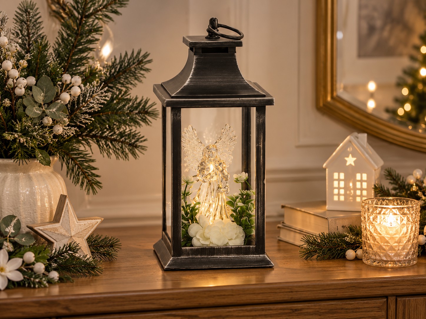 Dekoracyjny lampion LED z figurką anioła i timerem 6 godzin