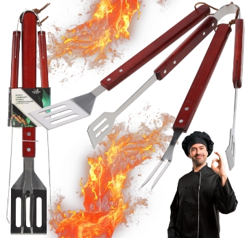 BBQ Meeting Набор из 3 аксессуаров для гриля с деревянной ручкой: лопатка/щипцы/вилка., BBQ0940 - Home Club