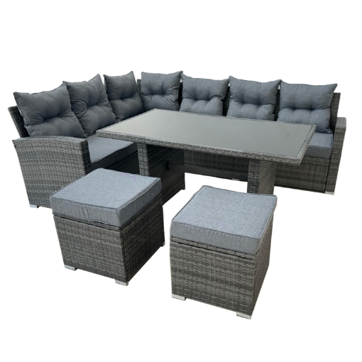Garden Line Набор Садовой Мебели (Угловой Диван, 2 Пуфы, Стол) — Серый, Подушки — Серый, ABI3453 - Home Club