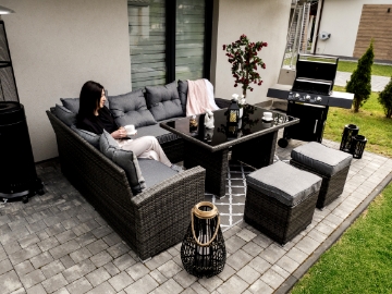 Garden Line Набор Садовой Мебели (Угловой Диван, 2 Пуфы, Стол) — Серый, Подушки — Серый, ABI3453 - Home Club