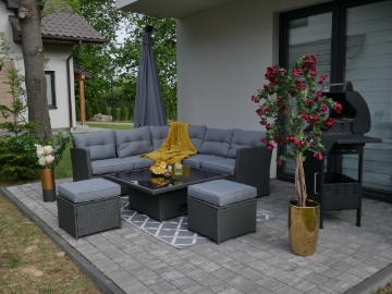 Garden Line Комплект мебели из ротанга (угловой диван + 2 пуфа + столик с регулируемой высотой) серый + серые подушки, ABI8212 - Home Club