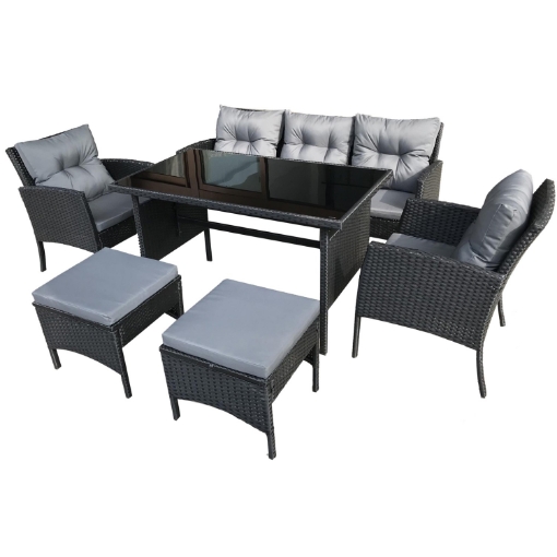 Garden Line Комплект мебели из ротанга (диван, 2 кресла, 2 пуфы, столик) - черный, подушки - серый, ABI7541 - Home Club
