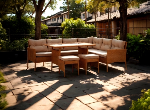 Garden Line Набір Меблів З Ратану «Берно» (Кутовий Диван + 2 Пуфи + Стіл) Бежевий + Сірі Подушки, SAD9576 - Home Club