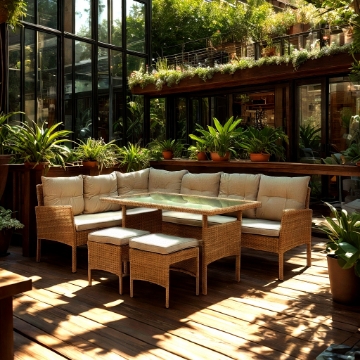 Garden Line Комплект мебели из ротанга «Берно» (угловой диван + 2 пуфа + столик) бежевого цвета + серые подушки, SAD9576 - Home Club