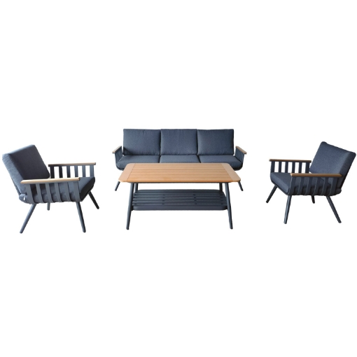 Garden Line Комплект алюминиевой мебели (3-местный диван + 2 кресла + столик), серый + серые подушки, ALM9415 - Home Club