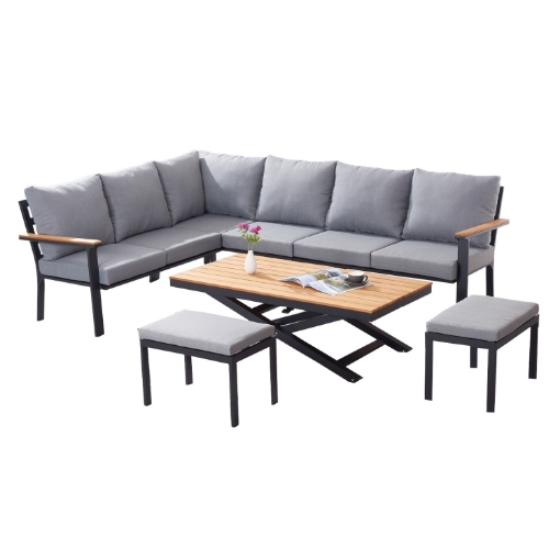 Garden Line Комплект садовой мебели из алюминия и тикового дерева (угловой диван + стол + 2 табурета) антрацит + серые подушки, TEK0411 - Home Club