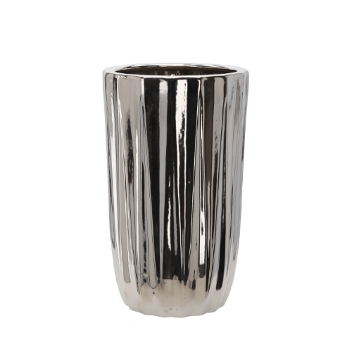 Garden Line Керамический кашпо для цветочного горшка 24,5 x 24,5 x 41,5 см, серебристый с полосками, ELI3468 - Home Club