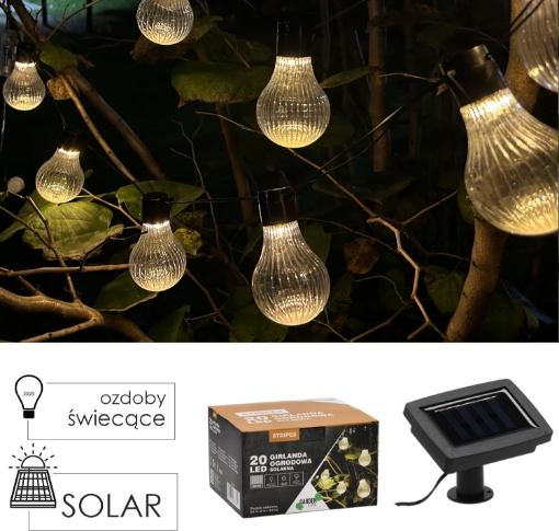 Garden Line Солнечная гирлянда для сада, длина 2 + 3,8 м, полоски, 20 светодиодов, теплый белый свет, SOL3620 - Home Club