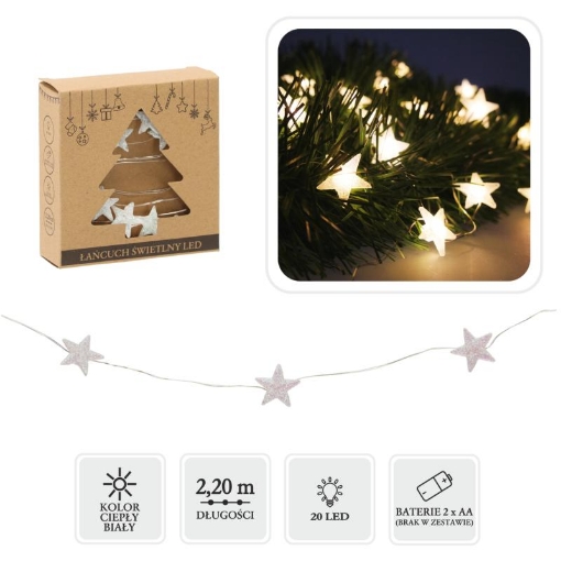 Chomik Светодиодная гирлянда «Звездочки» 20 л, на батарейках, с серебряным украшением, LED4185 - Home Club