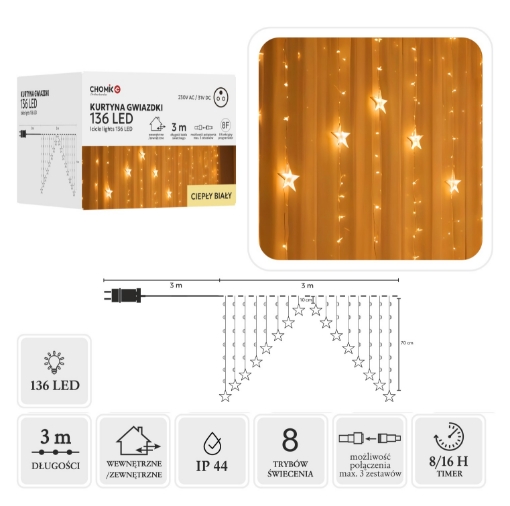 Chomik Световая Завеса «Звездки» 136L, Теплый Белый, Длина 3 + 3 М, LED0030 - Home Club