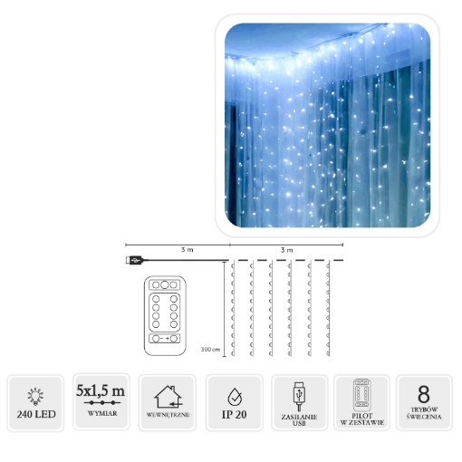Chomik Световая Завеса Druciki 240L Холодный Белый, 5 x 1,5 М, Usb, С Пультом Дистанционного Управления, LED8486 - Home Club