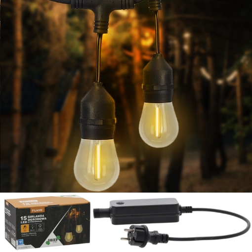 Garden Line Садовая гирлянда с контроллером 12 В, длина 0,6 + 14,4 м, 15 светодиодов теплого белого цвета с держателями., SOL1267 - Home Club