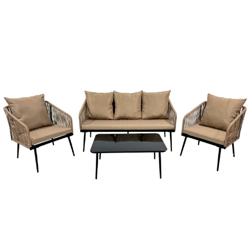 Garden Line Комплект садовой мебели из плетеного каната (2 кресла + диван + столик) - бежевый, подушки - бежевые, ABI8517 - Home Club