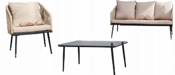 Garden Line Комплект садовой мебели из плетеного каната (2 кресла + диван + столик) - бежевый, подушки - бежевые, ABI8517 - Home Club