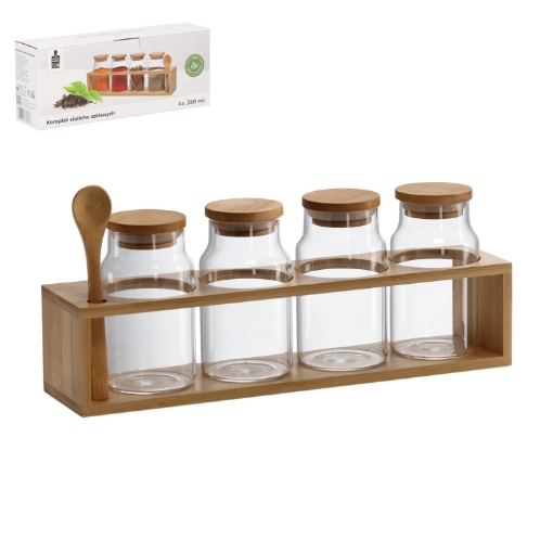 Chomik Набор из 4 стеклянных банок объемом 350 мл с деревянными крышками на деревянной подставке с ложкой., DUC0758 - Home Club