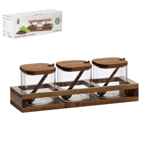 Chomik Набор из 3 стеклянных банок объемом 400 мл с деревянными крышками и ложками на деревянной подставке., DUC0772 - Home Club
