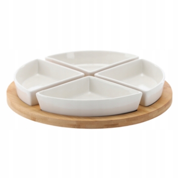 Chomik Набор для подачи закусок — 4 фарфоровые миски с круглым бамбуковым подносом 30x4 см., MUT7286 - Home Club