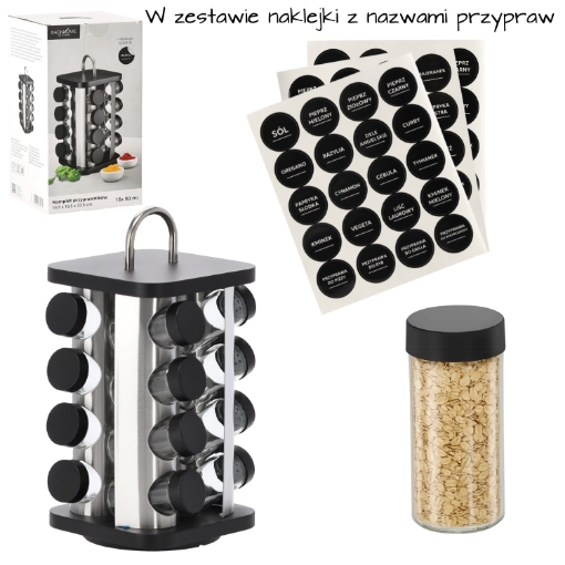 Chomik Квадратный контейнер для специй размером 16,5 x 16,5 x 33,5 см с ручкой, 16 банок, черно-серебристый., NIW9165 - Home Club