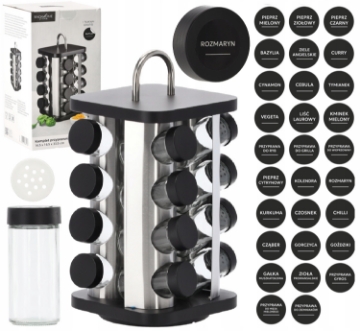 Chomik Квадратный контейнер для специй размером 16,5 x 16,5 x 33,5 см с ручкой, 16 банок, черно-серебристый., NIW9165 - Home Club