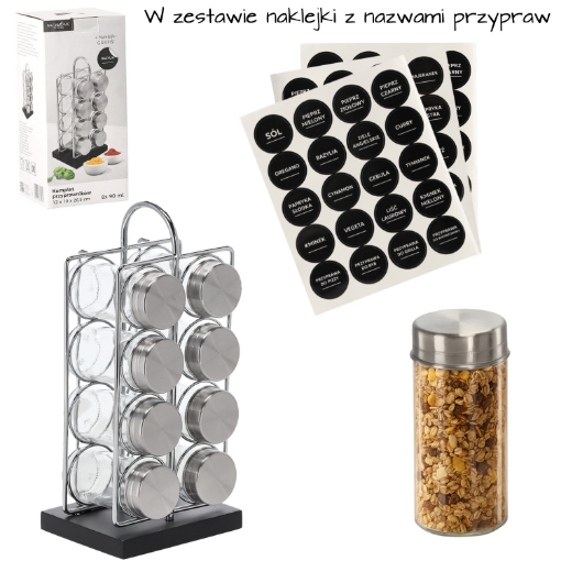 Chomik Прямоугольный солонка 12 x 10 x 26,5 см с ручкой, 8 баночек, серебристо-черный, NIW9189 - Home Club