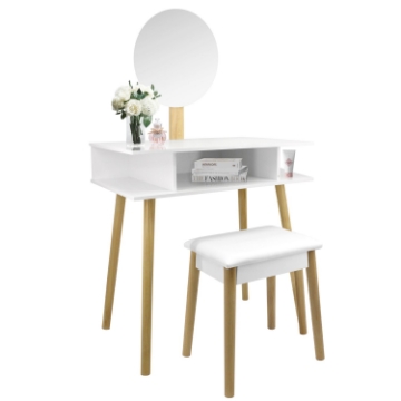 Chomik Туалетный столик для макияжа, белый, в стиле ретро, с круглым зеркалом и табуреткой., PHO5803 - Home Club