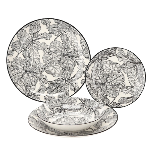 Chomik Обеденный набор, 18 предметов, круглый, серый, с листьями, BIM1328 - Home Club