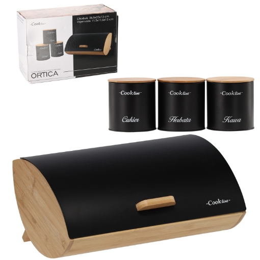 Chomik Хлебница Ortica - бамбуковая с металлической крышкой 36,5x25x13 см, черная матовая + 3 контейнера 11,5x11,5x12 см, NEL4935 - Home Club