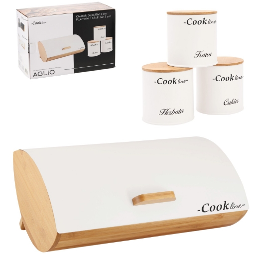 Chomik Хлебница Aglio - бамбуковая с металлической крышкой 36,5 x 25 x 13 см, белый матовый + 3 контейнера 11,5 x 11,5 x 12 см, NEL4942 - Home Club