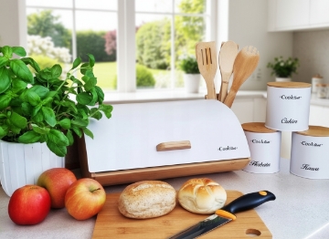 Chomik Хлебница Aglio - бамбуковая с металлической крышкой 36,5 x 25 x 13 см, белый матовый + 3 контейнера 11,5 x 11,5 x 12 см, NEL4942 - Home Club