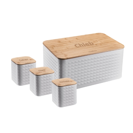 Chomik Хлебник Sabio - Эмалированный С Бамбуковой Крышкой 35 x 23 x 18,5 См Белый + 3 Контейнера 11,5 X 11,5 X 12 См, NEL8848 - Home Club