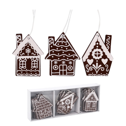 Chomik Kpl. 18 Дерев'Яних Прикрас На Різдво. Для Підвішування Темно-Коричневий Мікс 3 Взорів Будинків, DIY8990 - Home Club