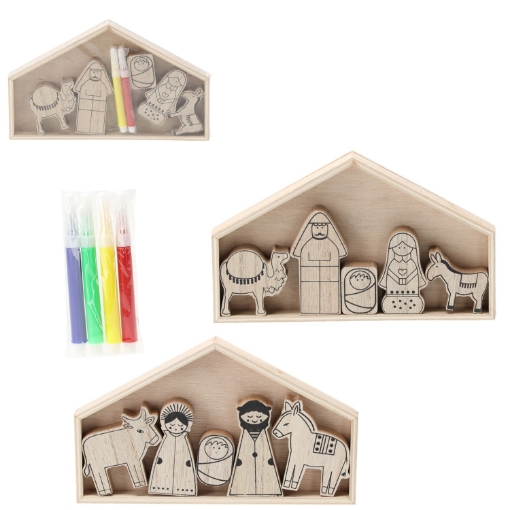 Chomik Набор из 5 деревянных элементов - Рождественский вертеп «Сделай сам» с 4 фломастерами, набор различных узоров., DIY7021 - Home Club