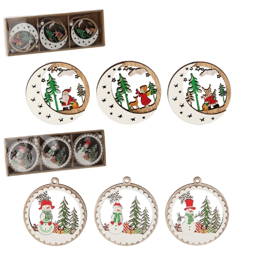 Chomik Набор из 6 деревянных рождественских украшений для подвешивания: снеговик/луна со звездами, различные дизайны., DIY7045 - Home Club
