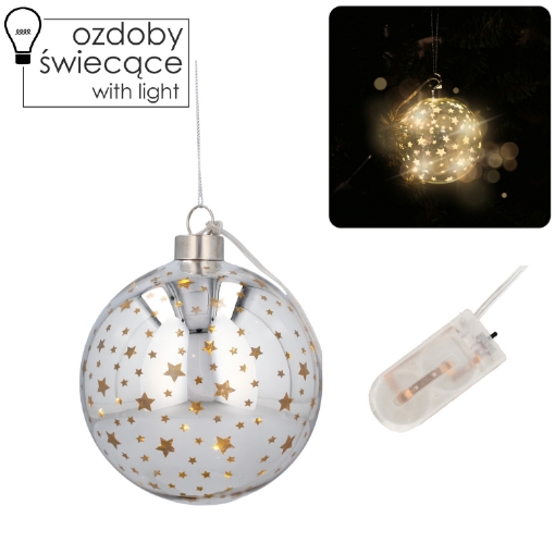 Chomik Святкова прикраса зі скла, діаметр 10 см, Led, срібна кулька з зірочками, MAL2782 - Home Club