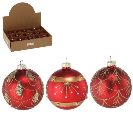 Chomik Стеклянная Шарика - Красная 8 См Золотые Украшения, Различные Узоры, BOZ4266 - Home Club