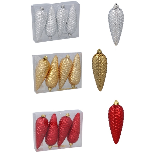 Chomik Kpl. 4 Ялинові Прикраси Шишка 14 См Червона/Золота/Срібна, GIF7757 - Home Club