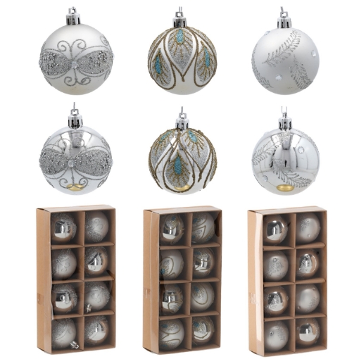 Chomik Набор из 8 серебряных елочных шаров, 6 см, различные дизайны, BAI5775 - Home Club