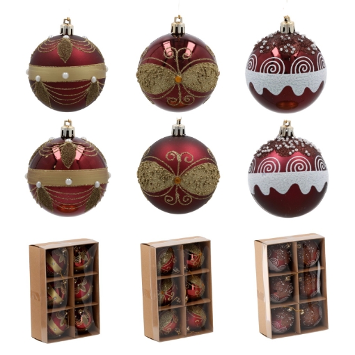 Chomik Набор из 6 рождественских шаров бордового цвета, 7 см, различные дизайны, BAI5782 - Home Club