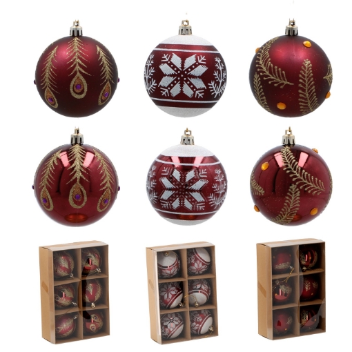 Chomik Набор из 6 рождественских шаров бордового цвета, 8 см, различные дизайны, BAI5843 - Home Club